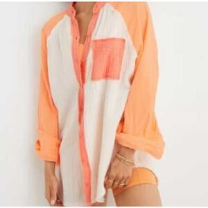 Aerie Pool-to-Party Gauze Cover-Up Shirt Orange & Cream Lightweight Beach Small